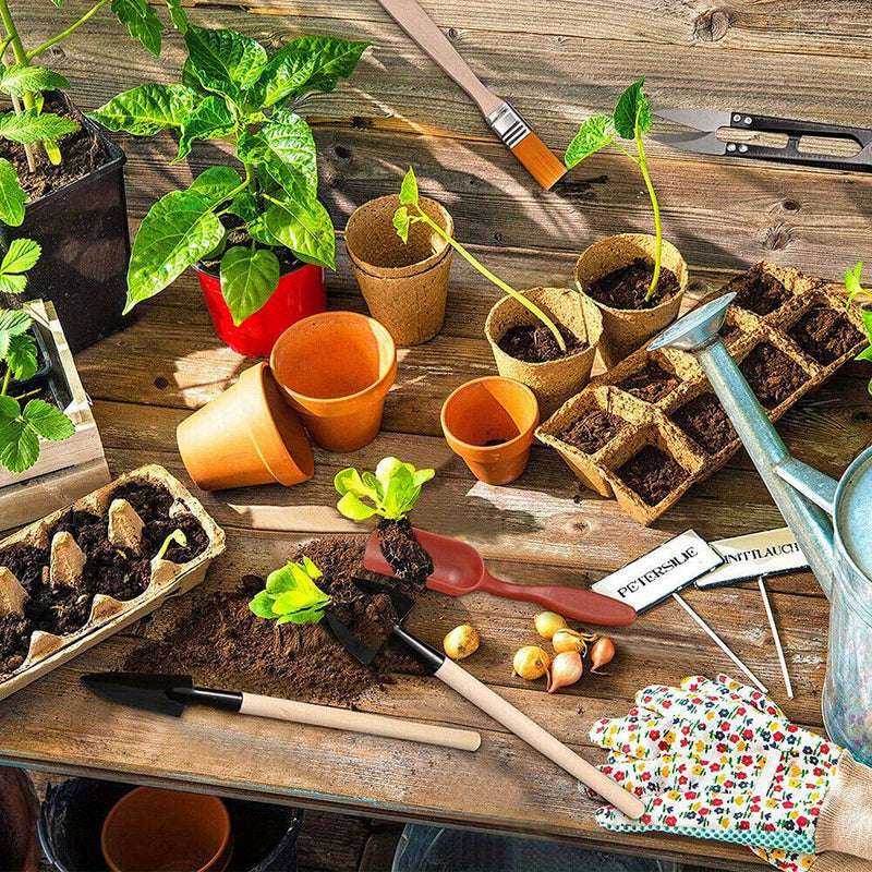13PCS Mini Juego de Herramientas de Mano para Jardín - Kit de Pala de Trasplante de Metal y Madera con Bolsa de Tela para Plantar Bonsáis al Aire Libre - Uso Manual sin Electricidad