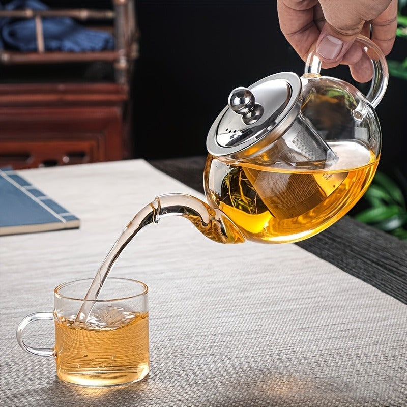 1 vaso de té de vidrio de borosilicato de alta calidad con base de acero inoxidable engrosada - Mango ergonómico, vidrio transparente para el té y el café, diseño duradero y fácil de limpiar, perfecto para el hogar, esenciales para el té | Mango ergonómi
