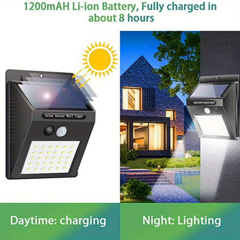 Lámpara solar de pared con 30 LED, sensor de movimiento para exteriores con detección automática infrarroja, ideal para jardín, patio, cerca y garaje