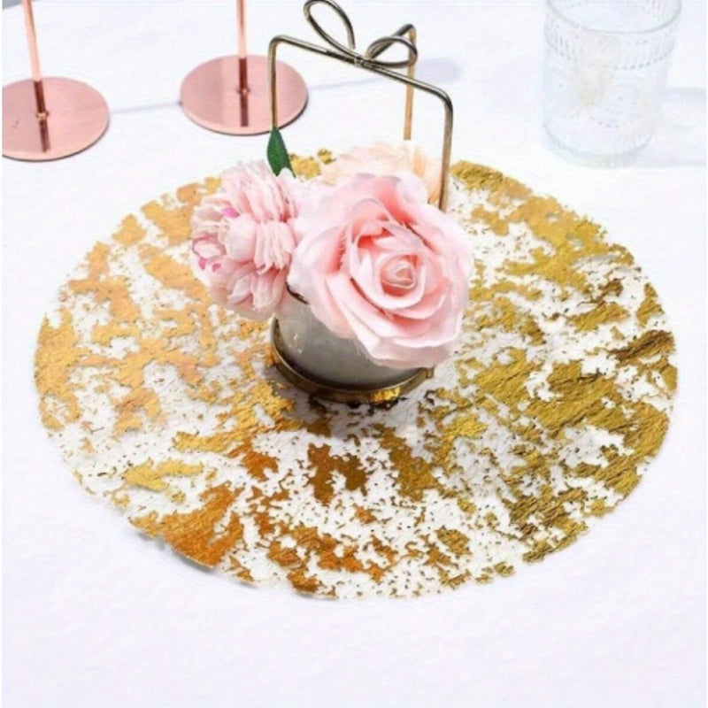 100pcs Manteles Desechables Elegantes con Lámina Dorada - Manteles Redondos de Poliéster Lujosos con Diseño de Malla Brillante para Bodas, Cumpleaños, Festividades - Ideales para Comedor y Decoración del Hogar, Manteles para Mesa de Comedor