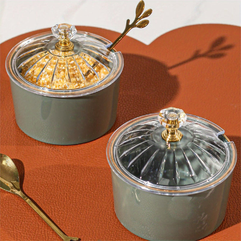 1 pieza de frasco de especias de plástico PS hecho a mano con tapa y cuchara - Almacenamiento de cocina de lujo con luz nórdica para sal, azúcar y especias - Decoración de cocina y comedor duradera y segura para alimentos, moderna vajilla de cocina, dise