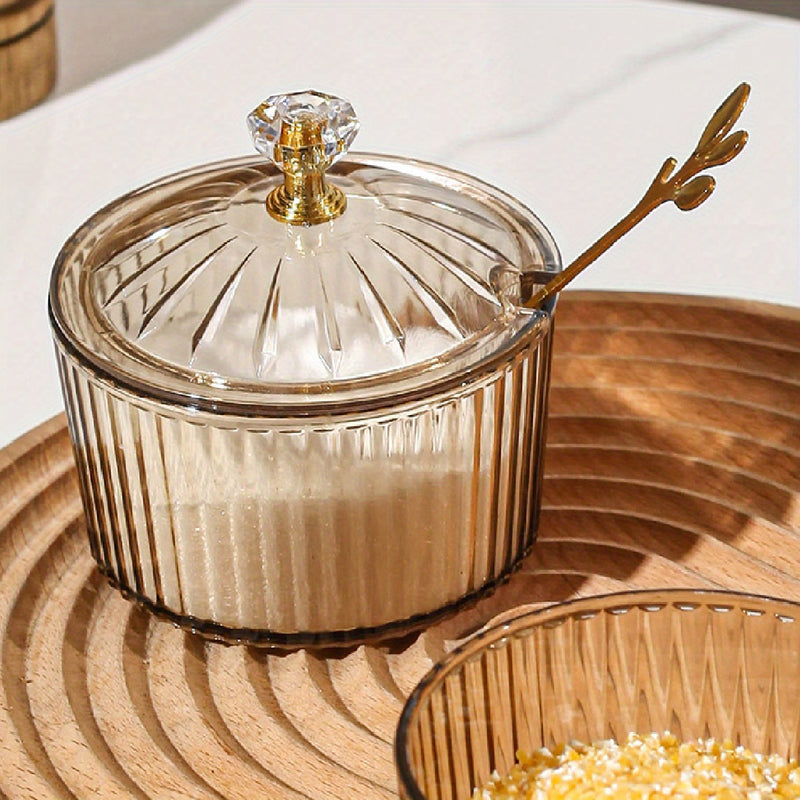 1 pieza de frasco de especias de plástico PS hecho a mano con tapa y cuchara - Almacenamiento de cocina de lujo con luz nórdica para sal, azúcar y especias - Decoración de cocina y comedor duradera y segura para alimentos, moderna vajilla de cocina, dise