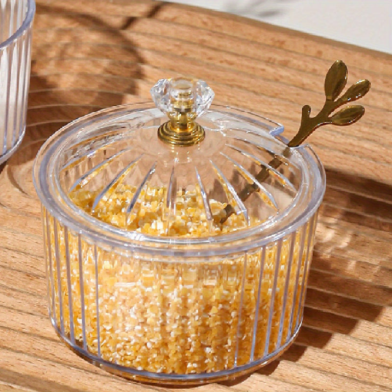 1 pieza de frasco de especias de plástico PS hecho a mano con tapa y cuchara - Almacenamiento de cocina de lujo con luz nórdica para sal, azúcar y especias - Decoración de cocina y comedor duradera y segura para alimentos, moderna vajilla de cocina, dise
