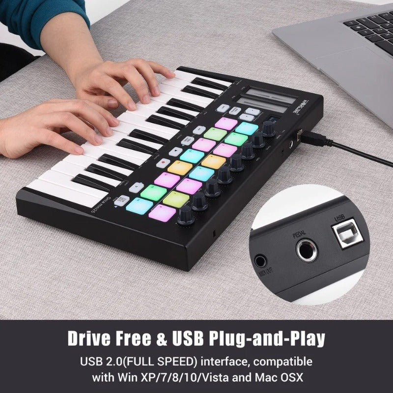 Orca Mini25 Teclado Controlador MIDI USB de 25 Teclas Controlador MIDI USB Con 16 Pads Desencadenantes RGB Retroiluminados Con Retroiluminación RGB