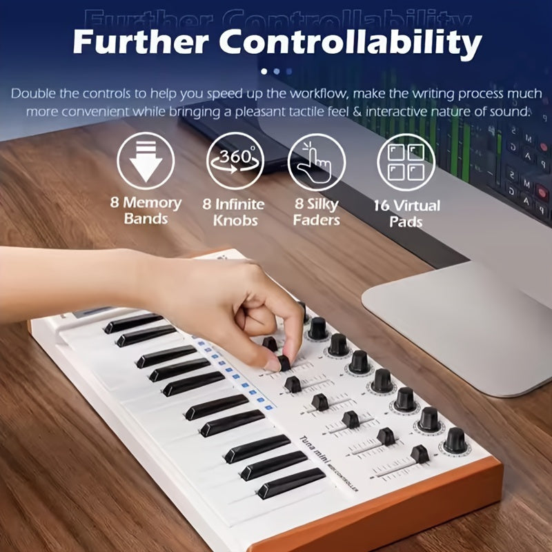 1pc Tuna Mini Teclado MIDI de 25 teclas, alimentado por USB, 8 pads de batería con iluminación RGB, 8 perillas asignables, portátil para producción musical, actuación, composición - Negro
