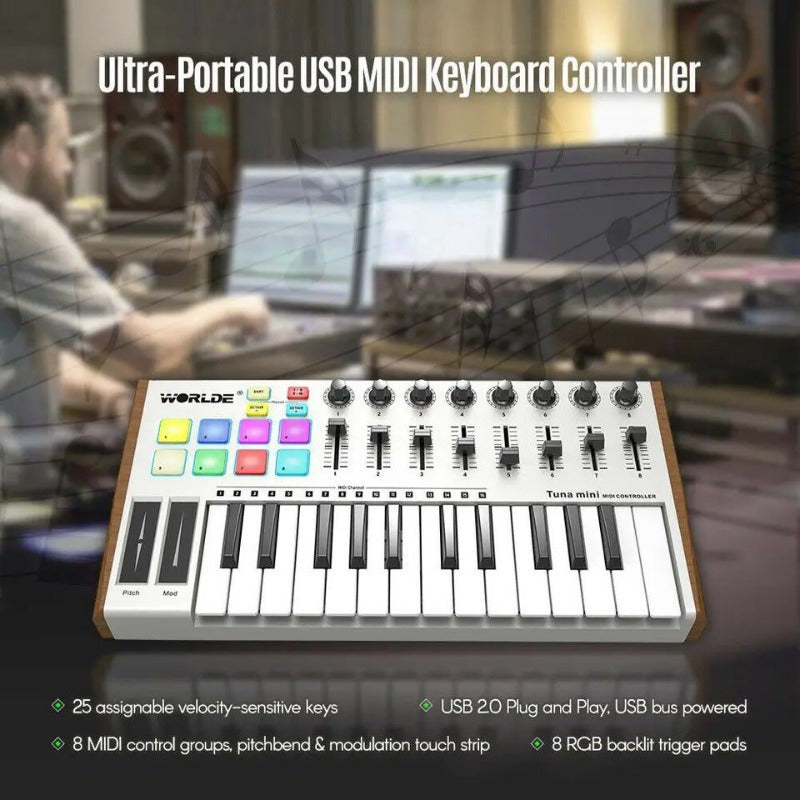 1pc Tuna Mini Teclado MIDI de 25 teclas, alimentado por USB, 8 pads de batería con iluminación RGB, 8 perillas asignables, portátil para producción musical, actuación, composición - Negro