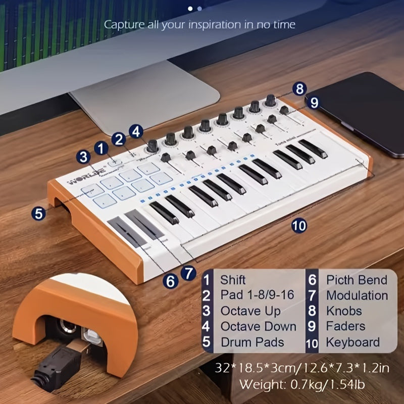 1pc Tuna Mini Teclado MIDI de 25 teclas, alimentado por USB, 8 pads de batería con iluminación RGB, 8 perillas asignables, portátil para producción musical, actuación, composición - Negro