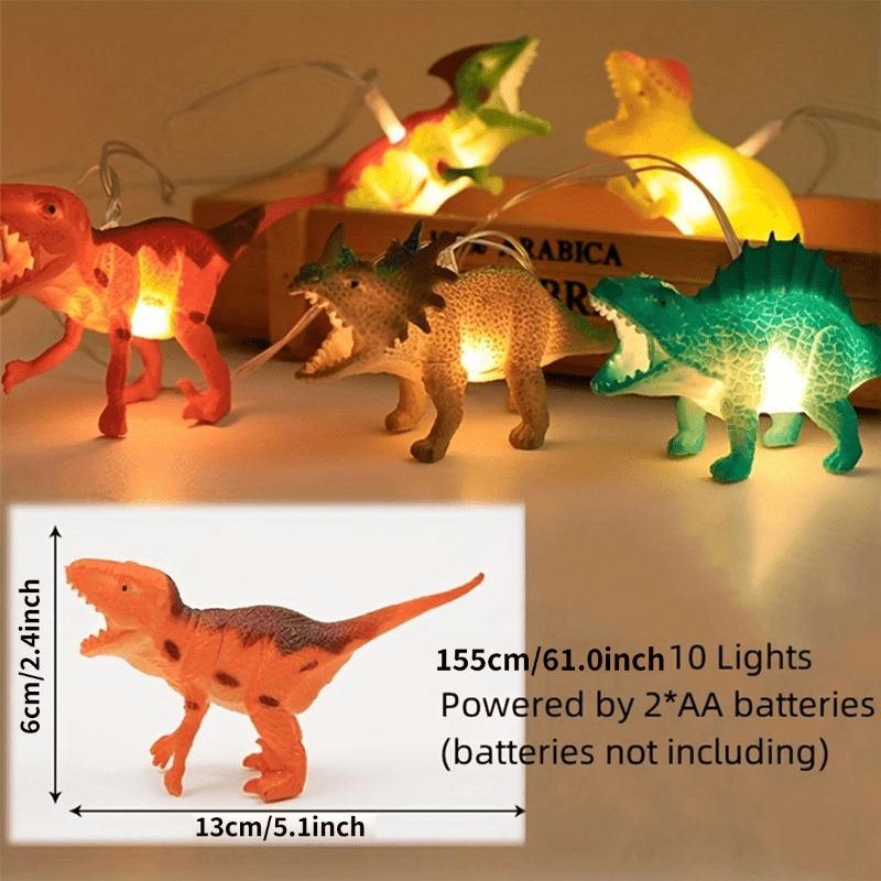 Luces de Cadena LED de Dinosaurios - 149.35cm, 10 LED de Blanco Cálido, Funcionan con Pilas (Pilas No Incluidas) - Perfectas para Decoración del Hogar, Dormitorio, Sala de Estar y Fiestas de Cumpleaños, Animales, Luces Decorativas, Adecuadas para Navidad