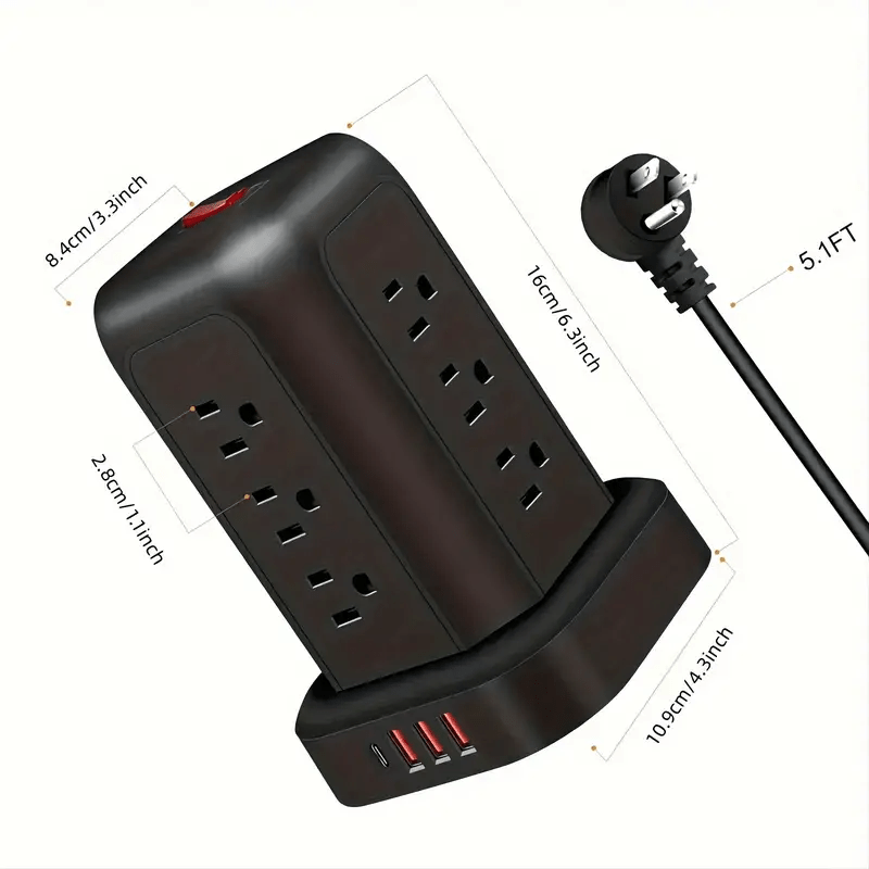 Una regleta de alimentación negra con protección contra sobretensiones, que incluye 12 tomas de CA, 3 puertos USB y 1 puerto tipo C, junto con un cable de extensión de 5 pies, adecuado para el hogar, la oficina, la cocina, el garaje y el dormitorio, maxi