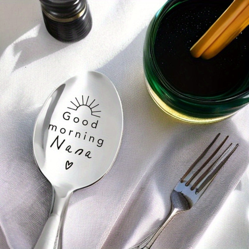 Cuchara de acero inoxidable grabada "Buenos días Nana" - Regalo perfecto para Nana para el Día de las Madres, cumpleaños o Navidad - 2,8 cm x 19 cm - Cuchara de fiesta - Sin pluma - Adecuada para edades de 14+