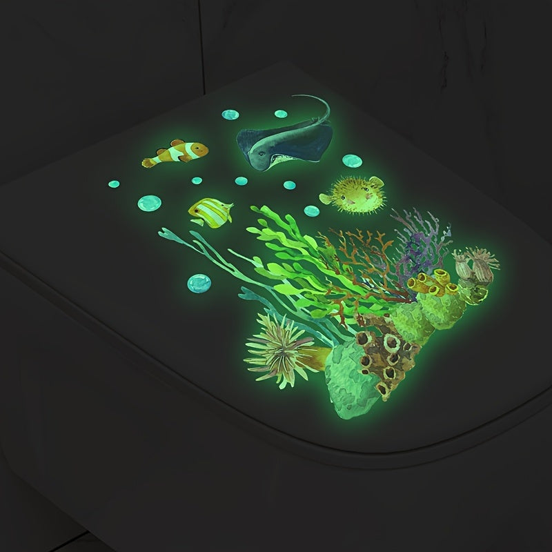 1pieza Calcomanía de inodoro iluminada Cartoon, patrón de mundo submarino de pez diablo coral, calcomanía autoadhesiva para pared, decoración de pared para dormitorio, entrada, sala de estar, porche