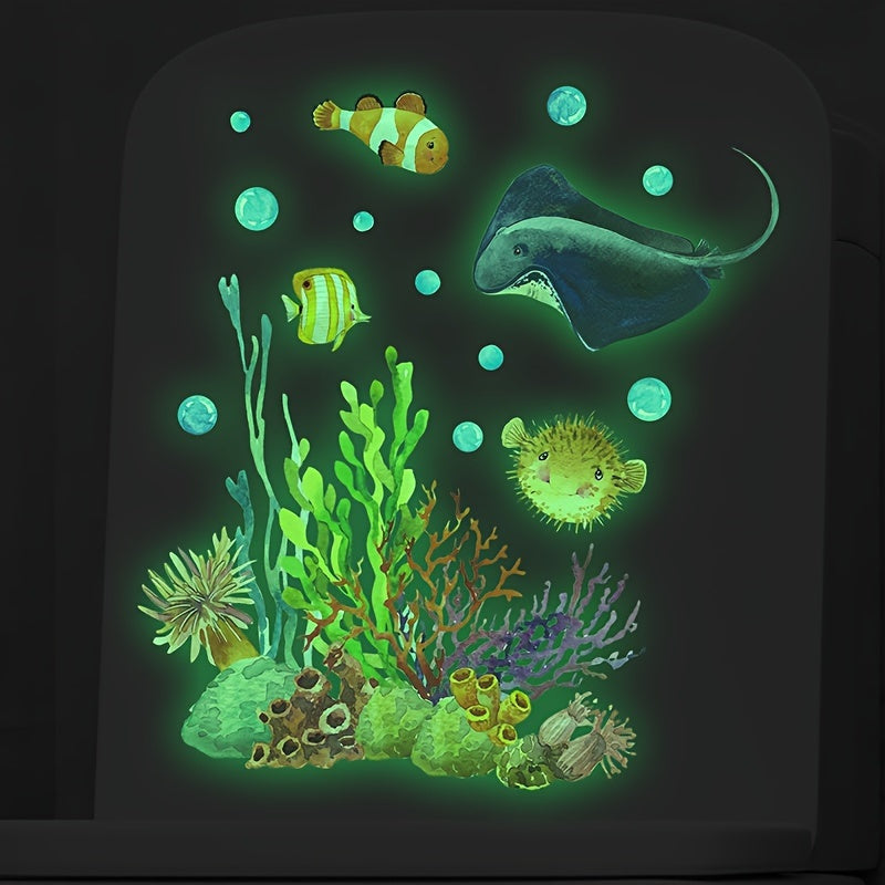 1pieza Calcomanía de inodoro iluminada Cartoon, patrón de mundo submarino de pez diablo coral, calcomanía autoadhesiva para pared, decoración de pared para dormitorio, entrada, sala de estar, porche