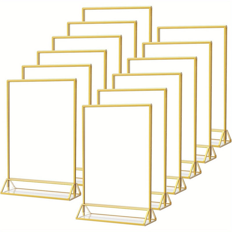 Juego de 6/12 soportes de señalización de acrílico dorado que miden 10,16 cm por 15,24 cm, ideales para números de mesa de bodas, con marcos dobles para mostrar fotos, y que sirven como soportes de menú transparentes o soportes de folletos para bodas, ho