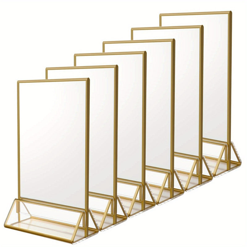 Juego de 6/12 soportes de señalización de acrílico dorado que miden 10,16 cm por 15,24 cm, ideales para números de mesa de bodas, con marcos dobles para mostrar fotos, y que sirven como soportes de menú transparentes o soportes de folletos para bodas, ho