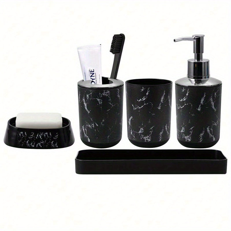 Juego de 5 piezas de accesorios de baño de mármol negro - Soporte de cepillo de dientes de plástico, dispensador de jabón, recipiente de jabón, tazas con bandeja
