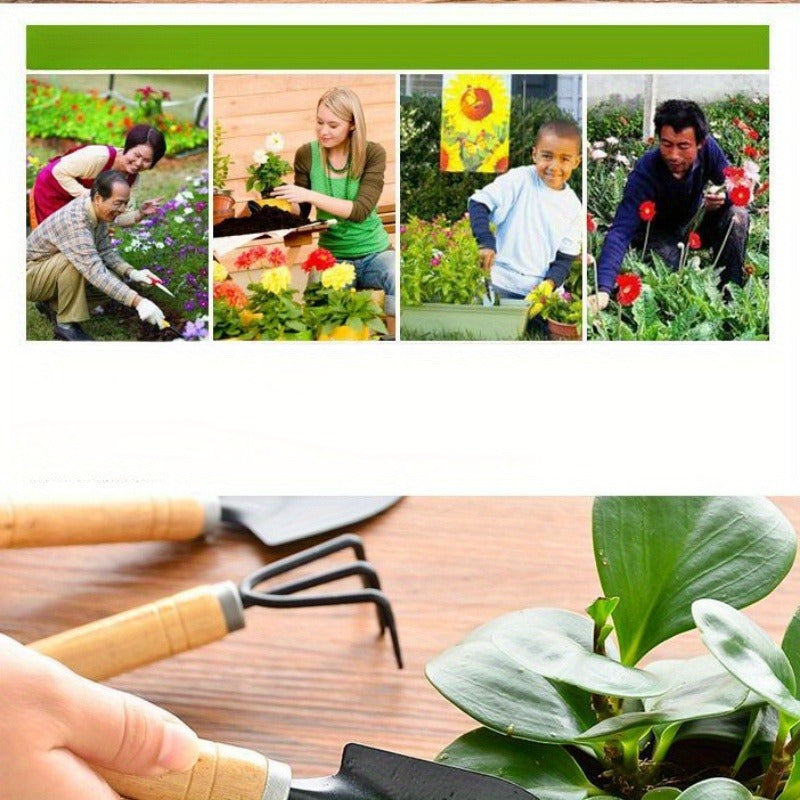 Juego de Herramientas para Jardín Miniatura de 3 Piezas - Mango de Madera, Pala Metálica para Plantar y Suculentas, Descompactación del Suelo, Envasado y Podado