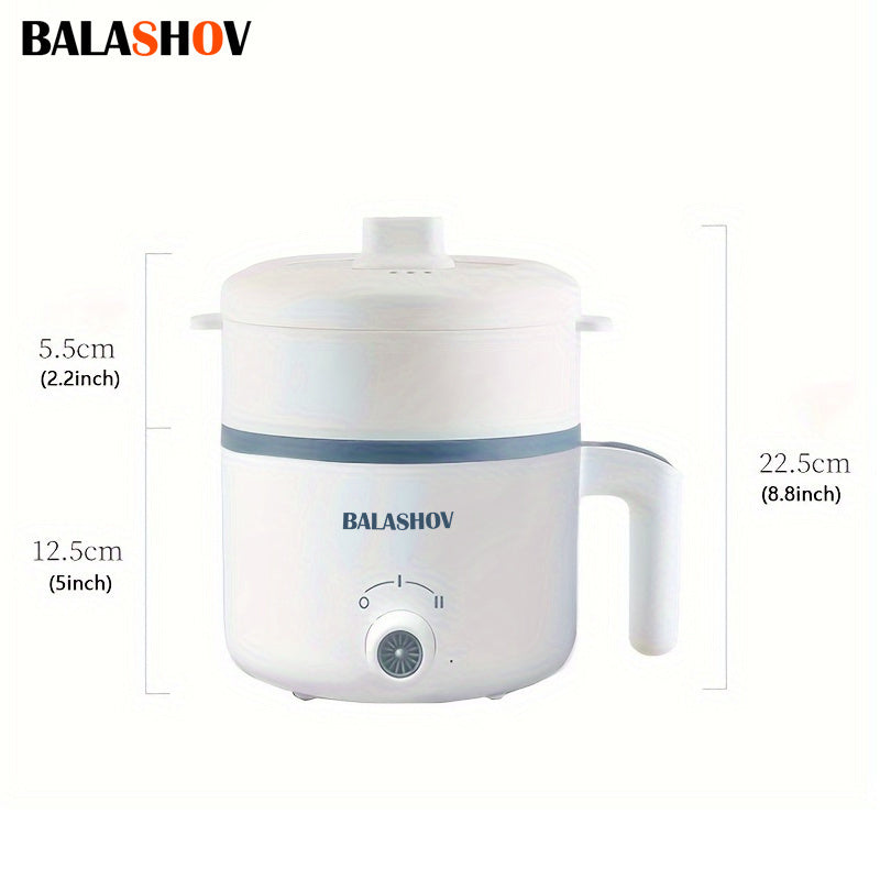 BALASHOV 1.7L Olla Eléctrica con Vaporizador, Cocinero Rápido Antiadherente, Control de Doble Potencia, Enchufe de EE. UU., 110-130V, para Ramen, Sopa, Dumplings, Avena - Accesorio de Cocina Portátil, Blanco