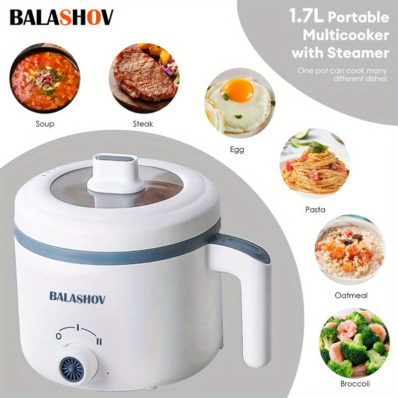 BALASHOV 1.7L Olla Eléctrica con Vaporizador, Cocinero Rápido Antiadherente, Control de Doble Potencia, Enchufe de EE. UU., 110-130V, para Ramen, Sopa, Dumplings, Avena - Accesorio de Cocina Portátil, Blanco