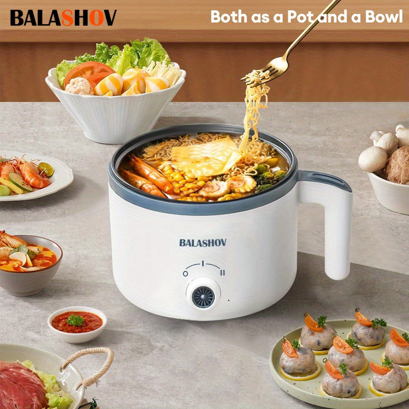 BALASHOV 1.7L Olla Eléctrica con Vaporizador, Cocinero Rápido Antiadherente, Control de Doble Potencia, Enchufe de EE. UU., 110-130V, para Ramen, Sopa, Dumplings, Avena - Accesorio de Cocina Portátil, Blanco