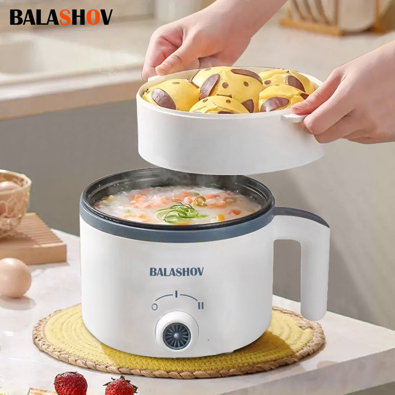 BALASHOV 1.7L Olla Eléctrica con Vaporizador, Cocinero Rápido Antiadherente, Control de Doble Potencia, Enchufe de EE. UU., 110-130V, para Ramen, Sopa, Dumplings, Avena - Accesorio de Cocina Portátil, Blanco