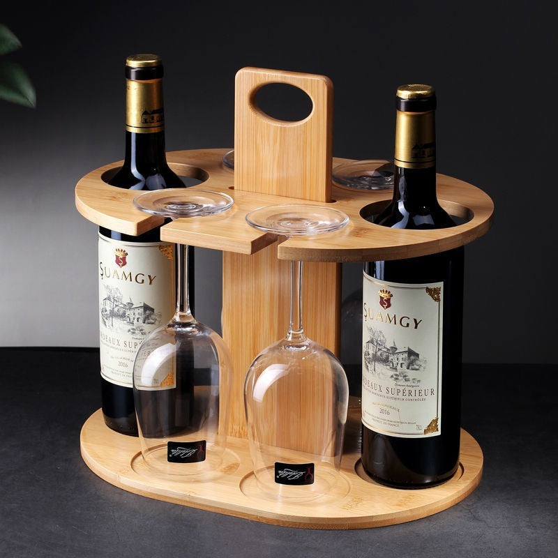 Elegante Estante de Vino de Bambú con Soporte de Vidrio de Pies Altos - Decoración Portátil para Exteriores y Cocina