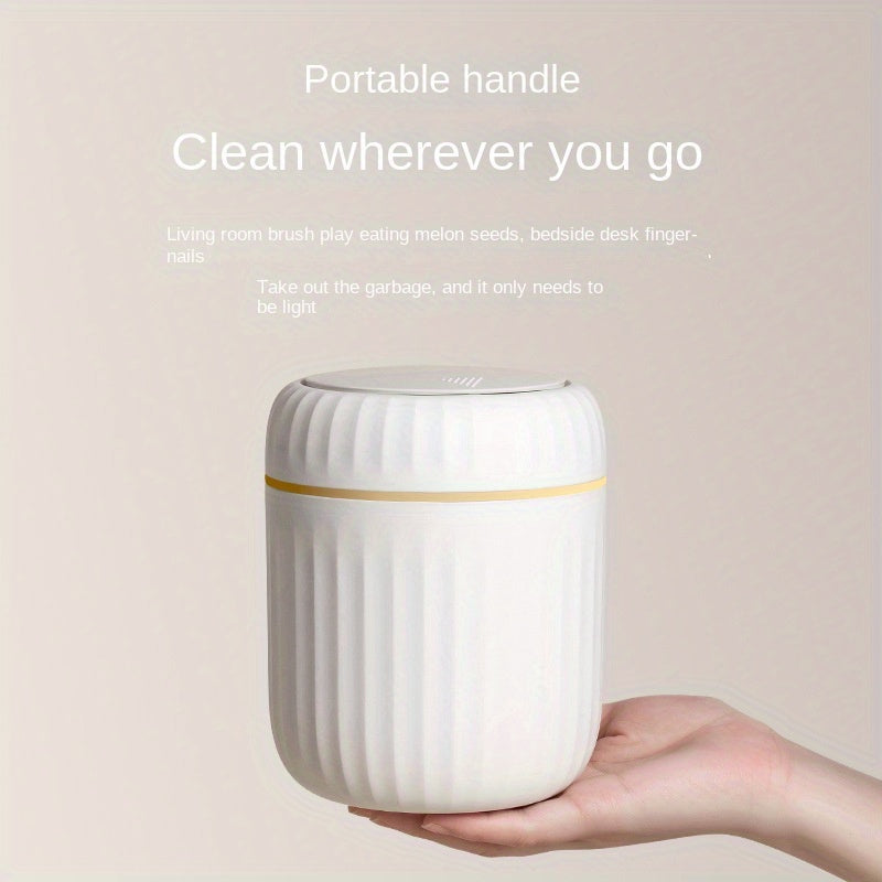 Bote de basura de escritorio con tapa de presión de 1 toque, diseño acanalado para control de olores, cilíndrico compacto para oficina, hogar, escritorio, sala de estar o estudio, en blanco con detalles amarillos, mini bote de basura para escritorio, org