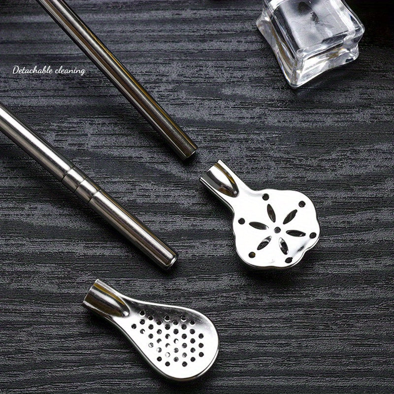 Cuchara paja de acero inoxidable de doble propósito, extensible y reutilizable, para revolver y filtrar leche y té