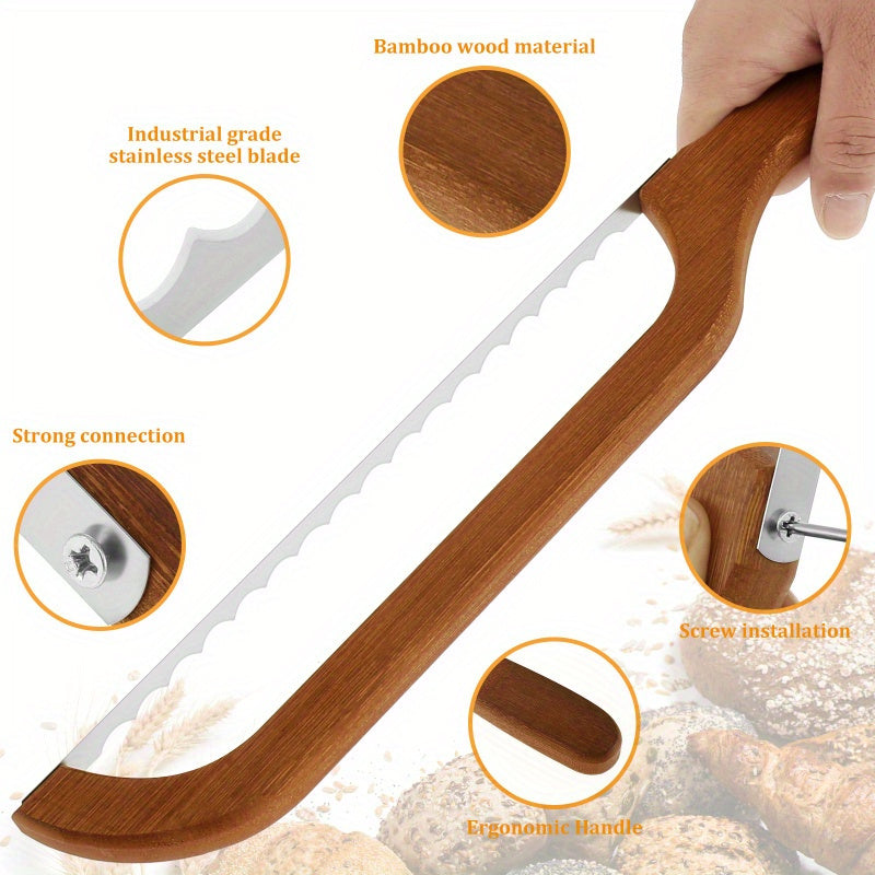 Cortador de Pan Ergonómico de Madera con Hoja de Acero Inoxidable Dentada - Filo Afilado y Duradero para Mazas, Bagels y Panes - Herramienta de Cocina Multifuncional, Regalo Ideal para Aficionados a la Repostería