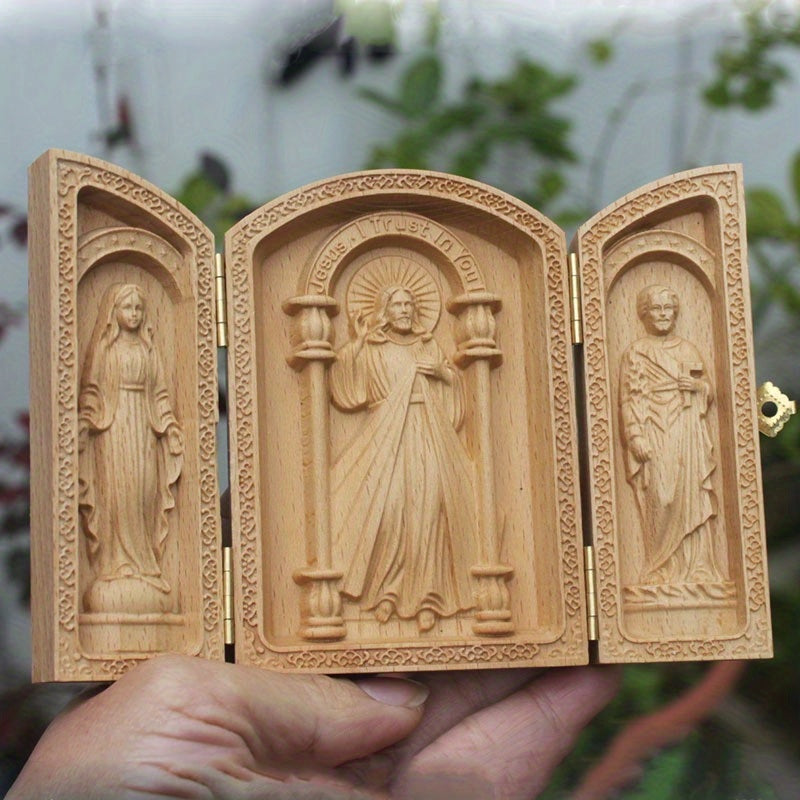 Pequeño Columpio Sagrado Católico para Mesa, Columpio de Coche de Madera de Haya con Jesús y San José, Artesanía Cristiana, Regalo, 10cm, Accesorios de Decoración para el Hogar