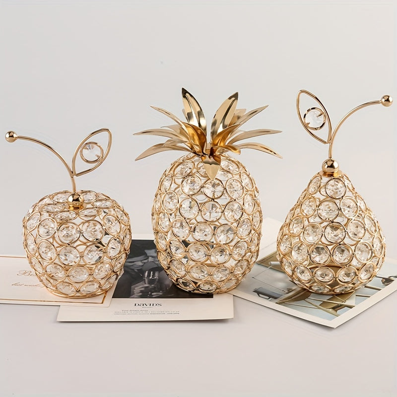 Manzanas, peras y piñas de cristal dorado: figuras de frutas artificiales ornamentales para decoración del hogar, regalo de joyería, espejo, tesoro, collar, anillos, organizador de cumpleaños, boda, mujeres, niñas, almacenamiento, anillo, Navidad