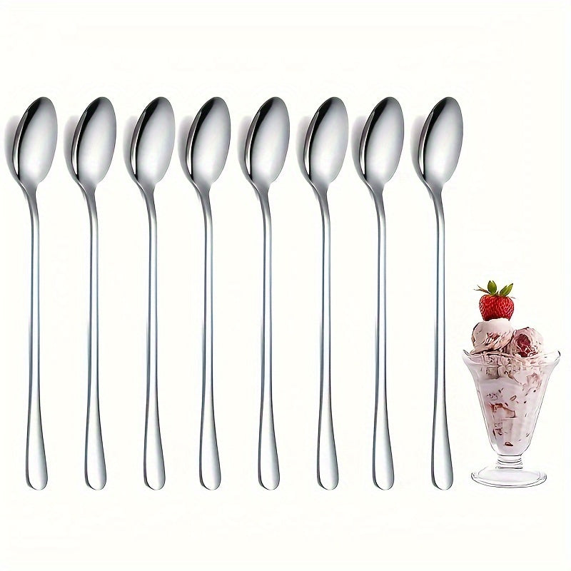 Juego de 8 pzas de Cucharas Premium de Acero Inoxidable con Mango Largo para Té Helado, Cucharas de Café y Cucharas para Mezclar Helado - Duraderas, Aptas para Lavaplatos, Resistentes al Óxido y Diseño Ergonómico - Accesorios de Cocina Perfectos para el