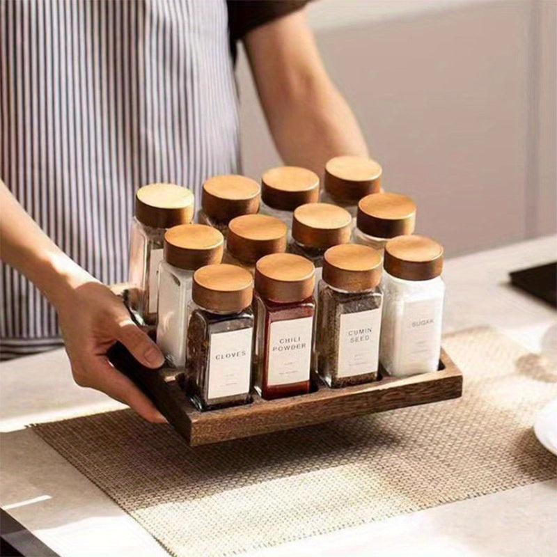 Juego de 12/6 Tarros de Vidrio Cuadrados para Especias con Tapas de Madera, Contenedores de Vidrio Resistente a la Róstica con Tapas Roscadas, Botellas de Condimentos con Patrón para Organización de Cocina