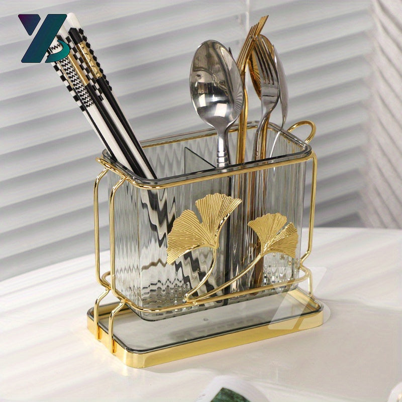 Organizador de utensilios de metal dorado elegante con bandeja de drenaje - Diseño de doble compartimento para cocina y comedor, perfecto para almacenamiento de bolígrafos, lápices y cubiertos, organizadores y almacenamiento de cocina.