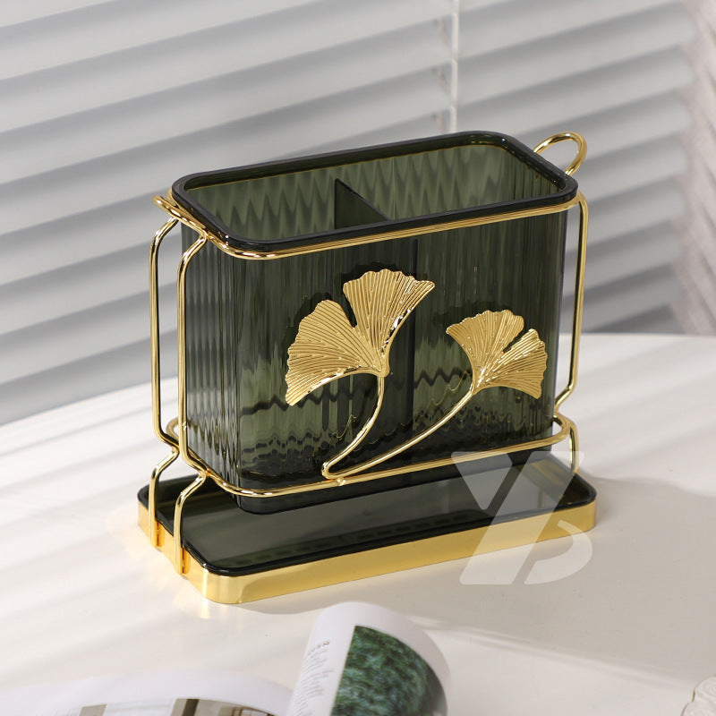 Organizador de utensilios de metal dorado elegante con bandeja de drenaje - Diseño de doble compartimento para cocina y comedor, perfecto para almacenamiento de bolígrafos, lápices y cubiertos, organizadores y almacenamiento de cocina.