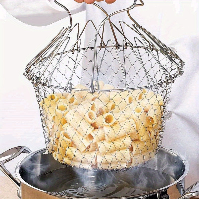 Cesta de freír plegable de acero inoxidable, colador de malla multifunción para cocina para freír y exhibir frutas - Accesorios de cocina duraderos, paquete de 1