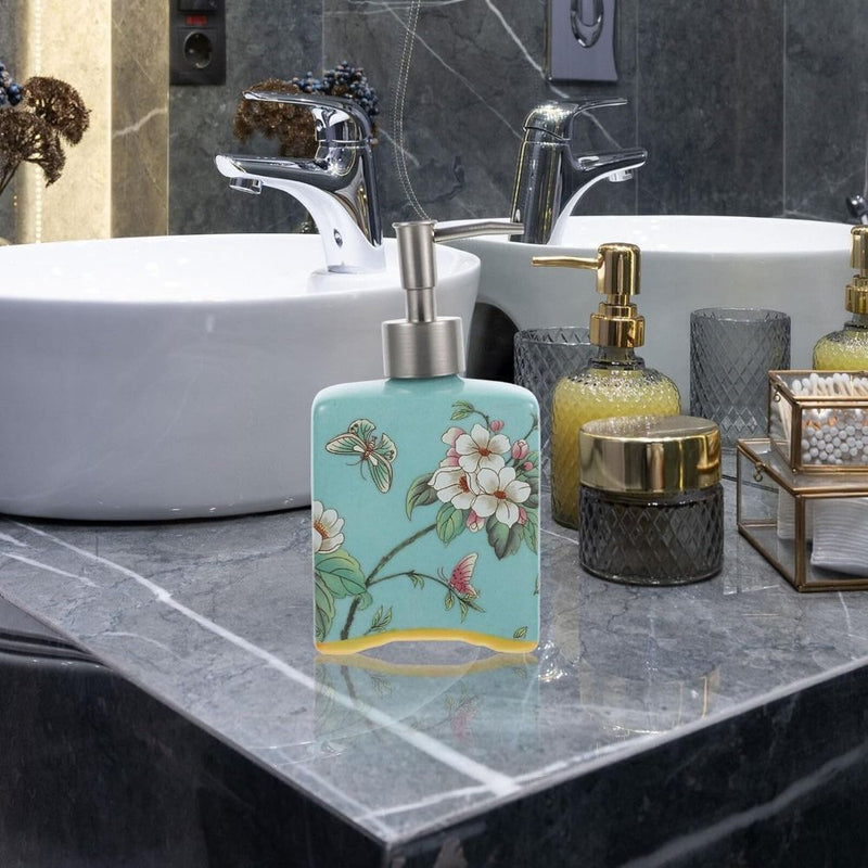 Dispensador de jabón vintage, práctico y recargable, estilo chino, contenedor de champú, porcelana floral, botella de jabón de cerámica antideslizante para el hogar