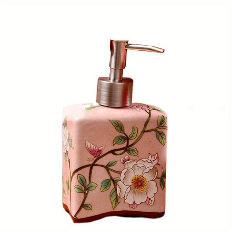 Dispensador de jabón vintage, práctico y recargable, estilo chino, contenedor de champú, porcelana floral, botella de jabón de cerámica antideslizante para el hogar