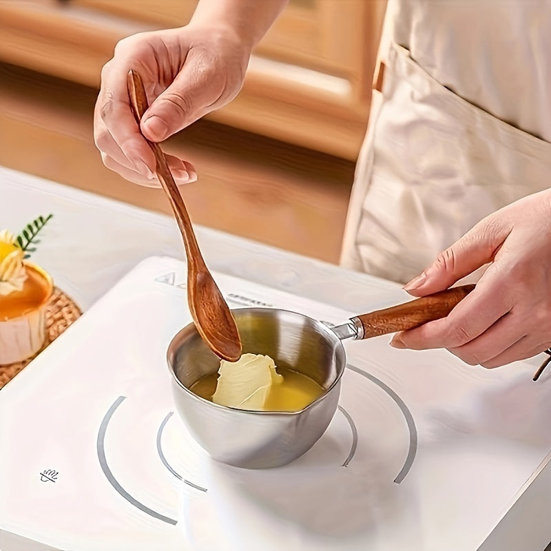 Mini Olla para Derretir Mantequilla de Acero Inoxidable Versátil - Ideal para Chocolate, Queso y Tortillas | Impermeable con Mango de Madera Antiquemaduras y Almacenamiento Conveniente