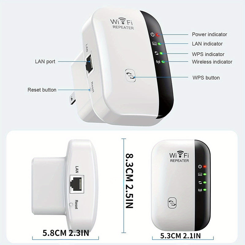 Repetidor WiFi de alta velocidad 300 Mbps, amplificador de señal inalámbrica de largo alcance, compatible con 802.11N, configuración fácil con botón WPS, enchufe estadounidense, uso en interiores y exteriores, diseño en blanco y negro, extensión de WiFi