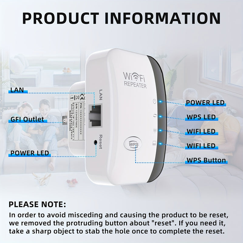 Repetidor WiFi de alta velocidad 300 Mbps, amplificador de señal inalámbrica de largo alcance, compatible con 802.11N, configuración fácil con botón WPS, enchufe estadounidense, uso en interiores y exteriores, diseño en blanco y negro, extensión de WiFi