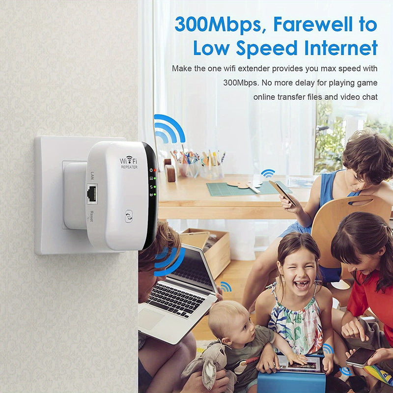 Repetidor WiFi de alta velocidad 300 Mbps, amplificador de señal inalámbrica de largo alcance, compatible con 802.11N, configuración fácil con botón WPS, enchufe estadounidense, uso en interiores y exteriores, diseño en blanco y negro, extensión de WiFi