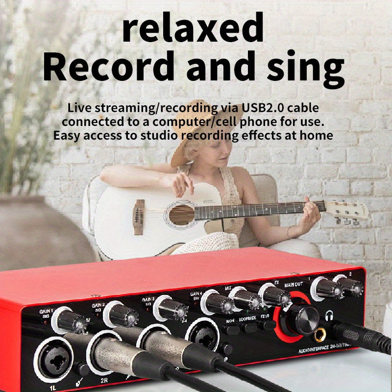 Interfaz de Grabación de 4 Canales 192kHz/24-bit con Micrófono de Grado Profesional - Ideal para Producción Musical y Grabación, Alimentado por USB, Compatible con PC, Rojo/Negro
