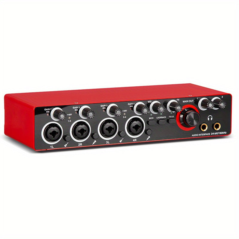 Interfaz de Grabación de 4 Canales 192kHz/24-bit con Micrófono de Grado Profesional - Ideal para Producción Musical y Grabación, Alimentado por USB, Compatible con PC, Rojo/Negro