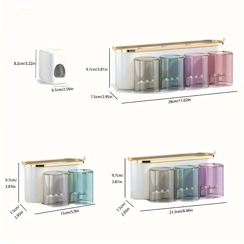 1 pieza Soporte de cepillo de dientes multifuncional montado en pared con 4 tazas - Organizador de baño para pasta de dientes, cepillos y accesorios - Estante de almacenamiento ahorrador de espacio para uso en el hogar - Material duradero, inodoro