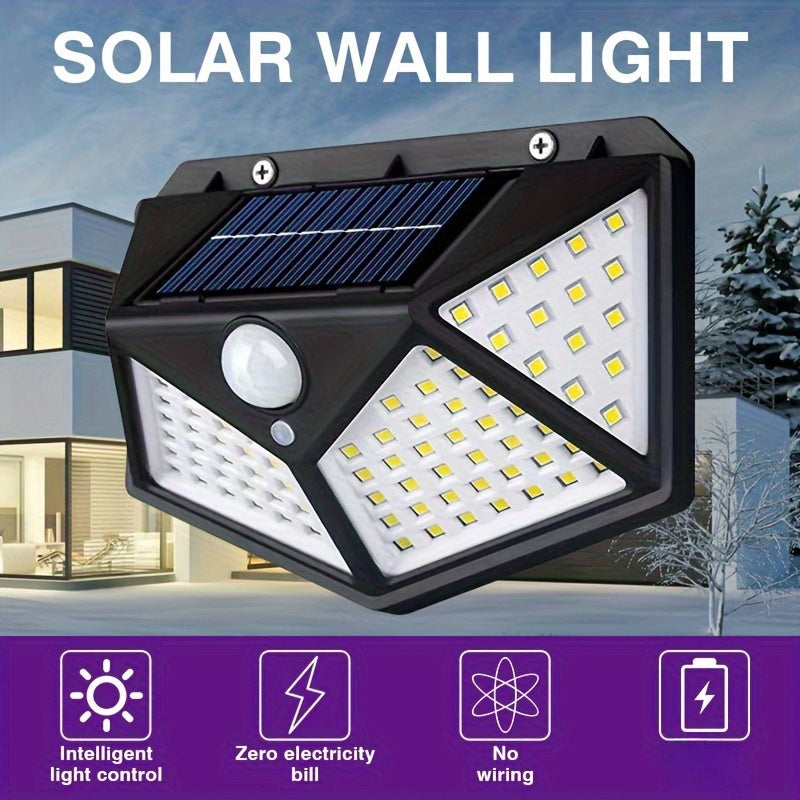 1 pieza de 100 luces solares para pared con sensor de movimiento, encendido automático para exteriores, iluminación de 4 lados para valla de jardín, iluminación de sendero de varios modos