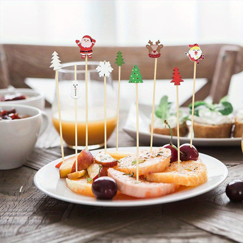 100 piezas, palillos de cóctel navideños festivos - Palitos de madera con copos de nieve, muñecos de nieve, renos y árboles para bebidas navideñas, aperitivos y decoraciones para fiestas.