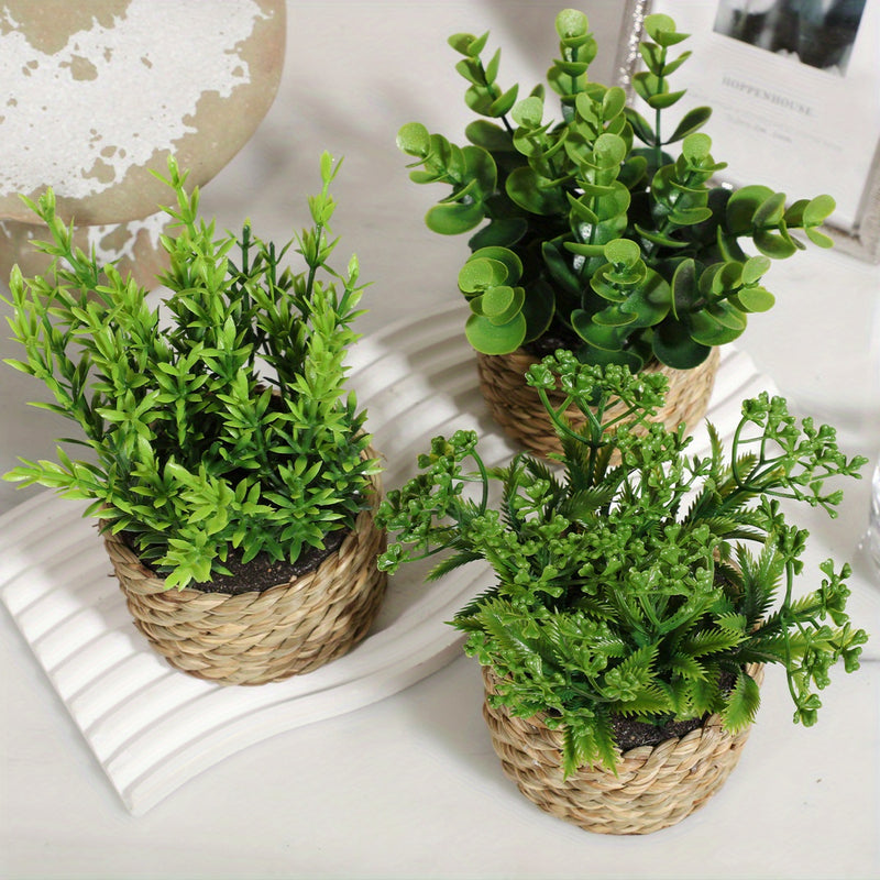 Juego de 3 Piezas de Plantas Artificiales de Eucalipto y Lavanda en Macetas - Decoraciones de Buxo Falso, Romero y Planta Dinero para el Hogar, Oficina y Jardín - Perfectas para Exhibición en Mesas, Fiestas y Decoración Estacional