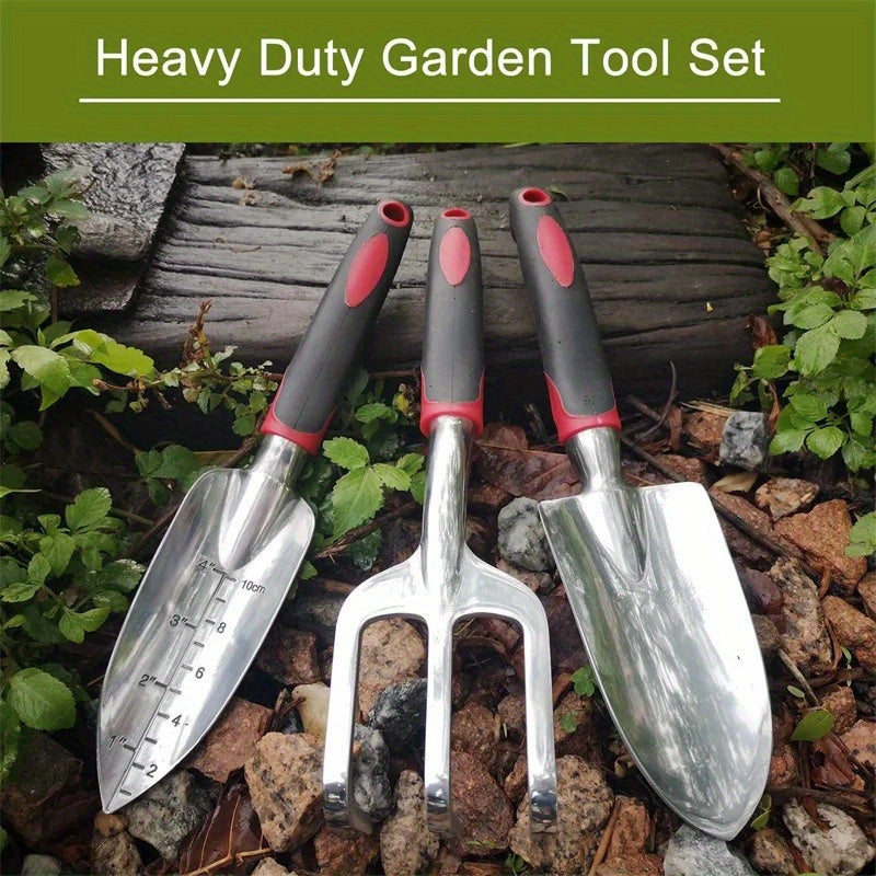 Juego de Herramientas de Jardín de Alta Resistencia de 3 Piezas - Aluminio Duradero con Mangos Ergonómicos Antideslizantes, Incluye Cepillo, Transplantadora y Rastrillo para un Jardinería Fácil