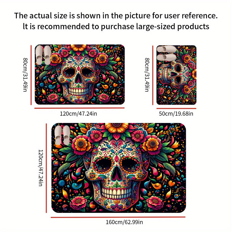 1 pieza de alfombrilla de puerta con diseño de calavera de azúcar - Diseño vibrante del Día de Muertos, antideslizante y lavable en máquina, alfombrilla de suelo de franela cómoda para entrada, cocina, sala de estar, dormitorio, lavandería, decoración de