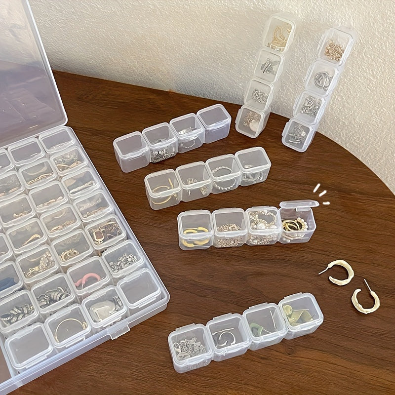 Caja organizadora de joyas de plástico transparente de 56 rejillas con tapas a presión para almacenamiento de cuentas, aretes y accesorios de manualidades.